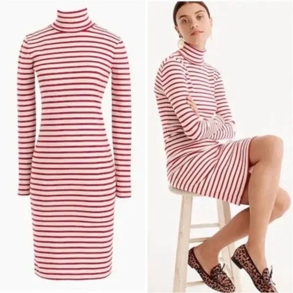 J Crew Red White Striped Turtleneck Cotton Dress Size Small New - Picture 4 of 13